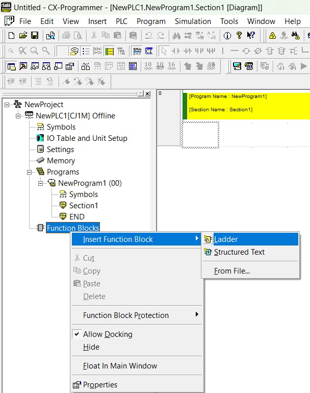 Select ladder programming languages for Function Block in Omron